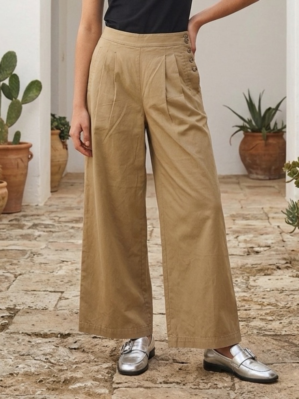 LOFT Sailor Button Light Academia Capsule Wardrobe Wide Leg Pants in Twill